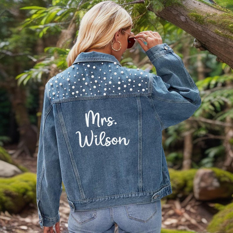 Personalized Embroidered Denim Wedding Jacket with Pearls