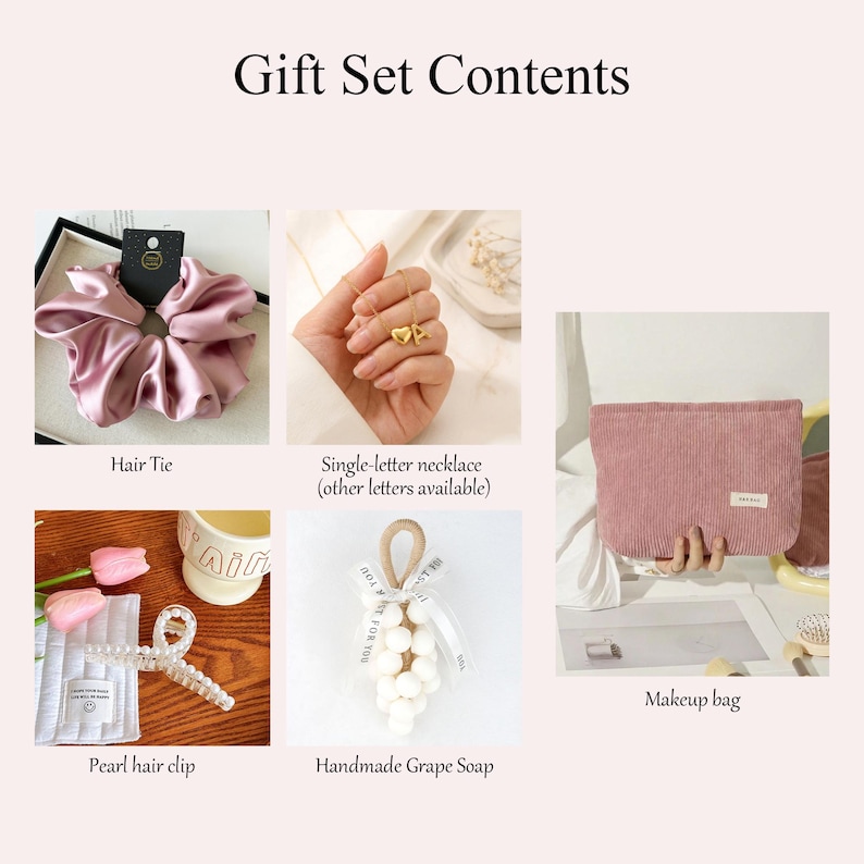 May include: A gift set with a pink satin hair tie, a single-letter necklace, a pearl hair clip, a handmade grape soap, and a pink corduroy makeup bag. The text "Gift Set Contents" is at the top.