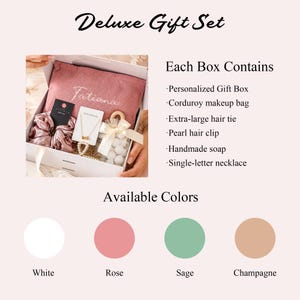 May include: A gift set in a white box with a pink corduroy makeup bag, scrunchies, a necklace, and other items. The box is labeled "Deluxe Gift Set" and includes a list of contents. Available colors are white, rose, sage, and champagne.