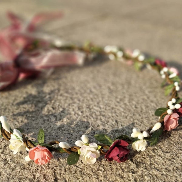 Burgundy & Pink Flower Crown Bridal flower crown Flower girl Headband Bridesmaid flower crown Flower girl crown halo Wedding flower wreath