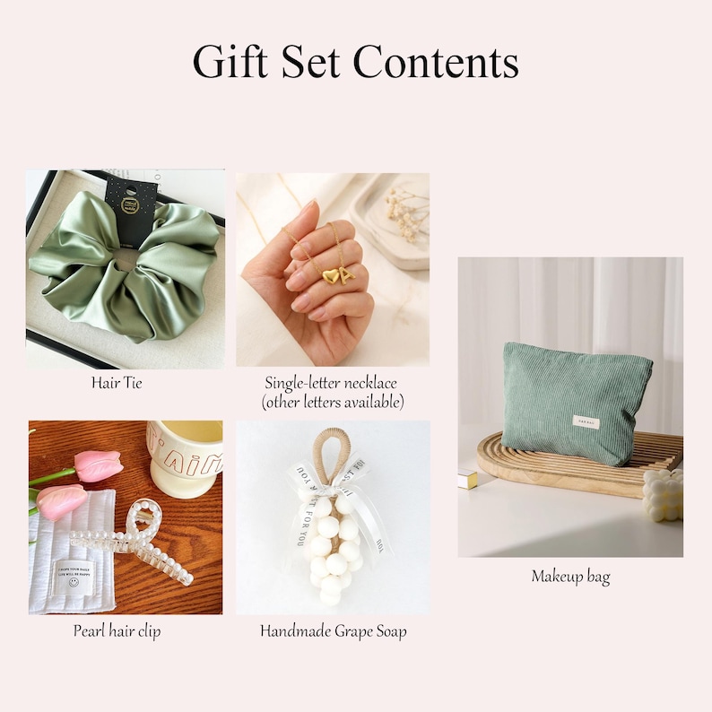 May include: A gift set with various items, including a green satin hair tie, a single-letter necklace, a pearl hair clip, a handmade grape soap, and a green corduroy makeup bag. The text "Gift Set Contents" is at the top.