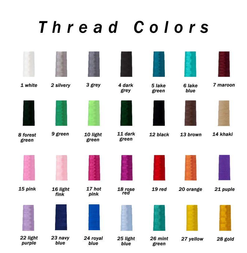 May include: A color chart titled "Thread Colors" displays 28 thread colors. The colors include white, grey, black, green, blue, pink, red, orange, purple, yellow, and gold. Each color is labeled with a number and a name.
