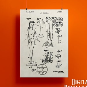 May include: Black and white line drawing of a patent for a doll construction. The patent drawing shows a doll standing with a stand and a variety of parts for the doll's body. The patent number is 3,009,284 and the date is November 21, 1961.