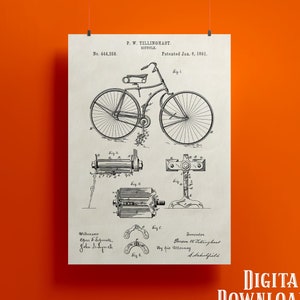 May include: A black and white line drawing of a bicycle patent, showing the bicycle design and various components. The patent is titled "P.W. Tillinghast. Bicycle." and the patent number is "No. 444,258." The patent was filed on January 6, 1891.