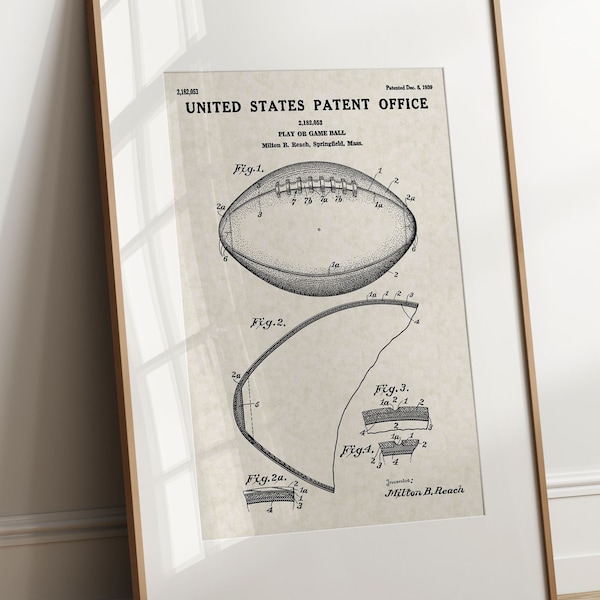 Football - 1938 (Free Shipping) Large Unframed 8.5x11 Patent Print