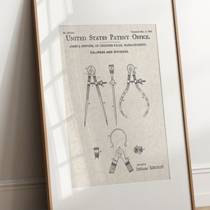 May include: A vintage patent drawing for calipers and dividers. The drawing shows a detailed illustration of the tools, with the text "UNITED STATES PATENT OFFICE" and "JOSHUA STEVENS, OF CHICOPER PALLA, MARRACHTBITть" at the top.