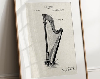 Harp - 1890 (Free Shipping) Large Unframed 8.5x11 Patent Print