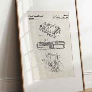 May include: A black and white line drawing of a patent for a handheld video game console. The patent number is 5,184,830 and the date of the patent is Feb. 5, 1993. The drawing shows three different views of the console.