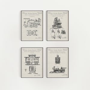 May include: Set of four vintage black and white patent drawings for locomotive designs. The drawings include a locomotive, a headlight for locomotives, a car signal, and a snow plough attachment to locomotives. Each drawing features the text "United States Patent Office".