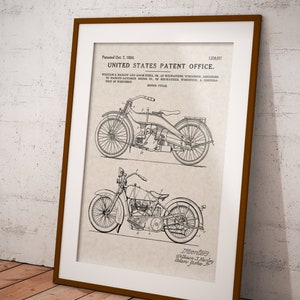 May include: Black and white line drawing of a motorcycle patent. The patent is for a Motor Cycle, patented on October 7, 1924, by William S. Harley and Adam Zinka Jr. The patent number is 1,510,937.