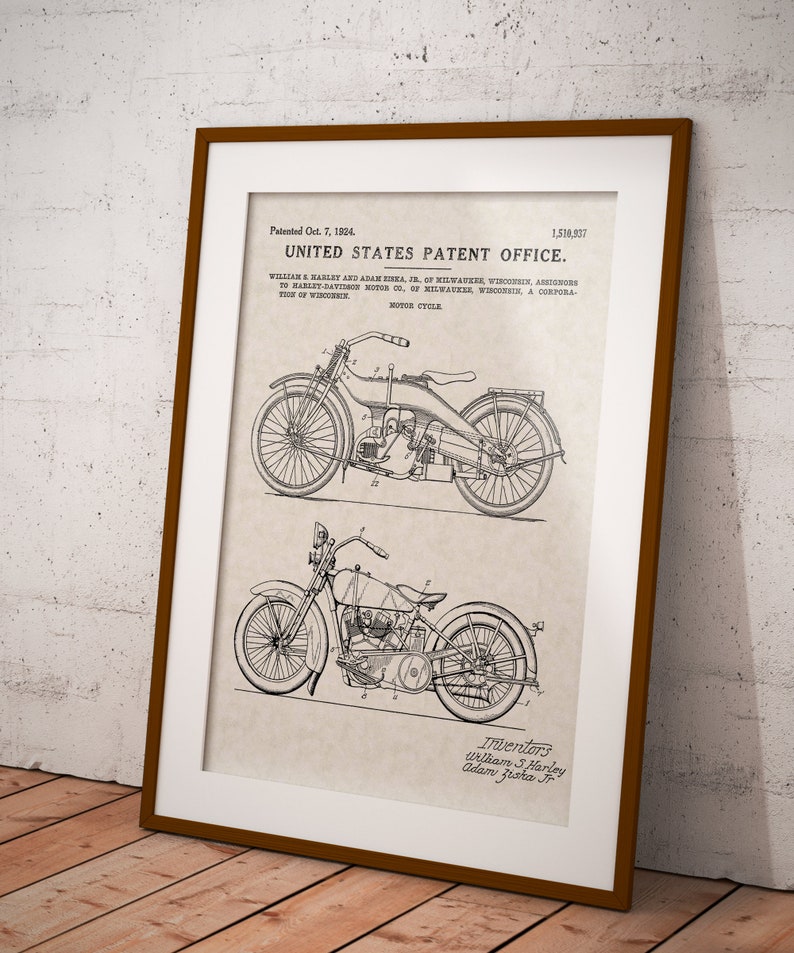 May include: Black and white line drawing of a motorcycle patent. The patent is for a Motor Cycle, patented on October 7, 1924, by William S. Harley and Adam Zinka Jr. The patent number is 1,510,937.