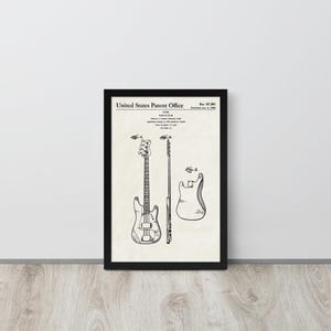 Basse électrique - Reproduction de brevet vintage de 1960 (Livraison gratuite) Plusieurs tailles + Encadrée | Cadeau pour bassiste, Décoration pour salle de musique