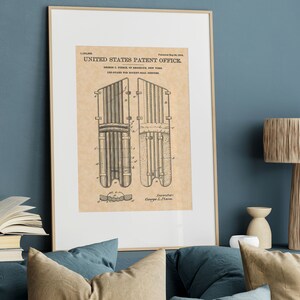 May include: A vintage patent drawing for a hockey goalie leg guard. The drawing shows a side view of the leg guard, which is made of multiple layers of material. The patent number 1,384,302 and the date May 20, 1924 are visible at the top of the drawing. The text "UNITED STATES PATENT OFFICE" is also visible.
