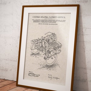 May include: A black and white line drawing of a side-car attachment for a motorcycle. The drawing is on a beige background with the text "UNITED STATES PATENT OFFICE." and "SIDE-CAR ATTACHMENT FOR MOTOR-CYCLES." The drawing is signed by "Carl J. Gustafson" and "Wm. H. Frazer, Jr.  Chas. B. Prescott".
