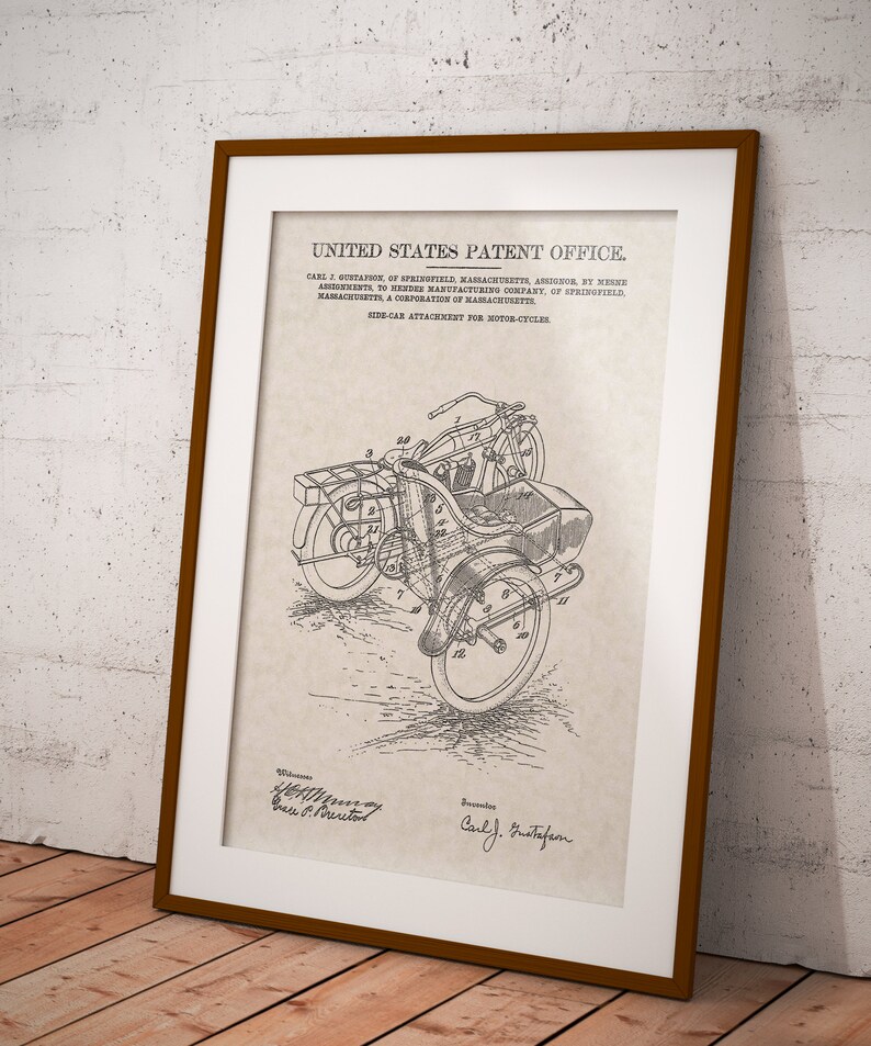 May include: A black and white line drawing of a side-car attachment for a motorcycle. The drawing is on a beige background with the text "UNITED STATES PATENT OFFICE." and "SIDE-CAR ATTACHMENT FOR MOTOR-CYCLES." The drawing is signed by "Carl J. Gustafson" and "Wm. H. Frazer, Jr.  Chas. B. Prescott".