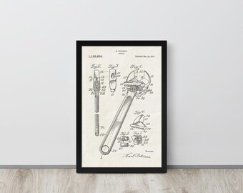 Clé à molette - Reproduction de brevet vintage de 1915 (Livraison gratuite) Plusieurs tailles + Encadrée | Cadeau pour boîte à outils, Décoration d'établi d'atelier