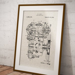 May include: A black and white vintage patent drawing for an engine construction, patent number 1,360,110, patented November 23, 1920, by W.S. Harley.
