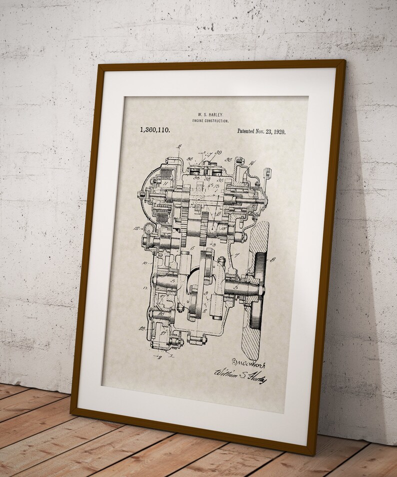 May include: A black and white vintage patent drawing for an engine construction, patent number 1,360,110, patented November 23, 1920, by W.S. Harley.