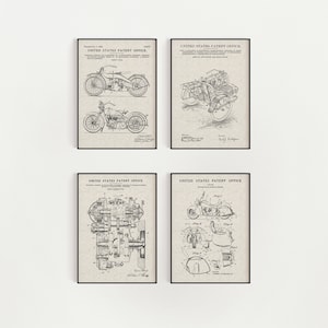 May include: Set of four vintage motorcycle patent drawings. Each drawing features a black and white illustration of a motorcycle with text that reads "United States Patent Office".