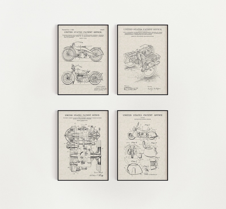 May include: Set of four vintage motorcycle patent drawings. Each drawing features a black and white illustration of a motorcycle with text that reads "United States Patent Office".