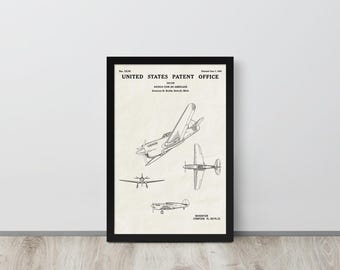 WWII Airplane - 1943 Vintage Patent Print (Free Shipping) Multiple Sizes + Framed | Aviation Gift, Military Decor