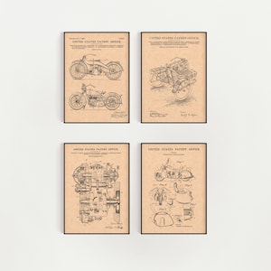 May include: Four black and white vintage motorcycle patent drawings. Each drawing is framed with a black border and has the text "United States Patent Office" at the top.