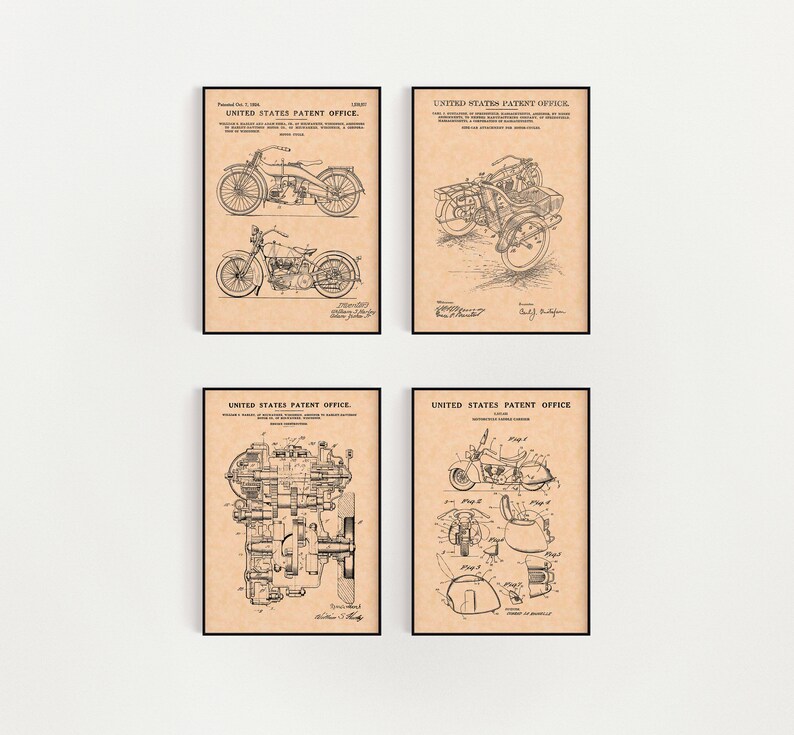 May include: Four black and white vintage motorcycle patent drawings. Each drawing is framed with a black border and has the text "United States Patent Office" at the top.