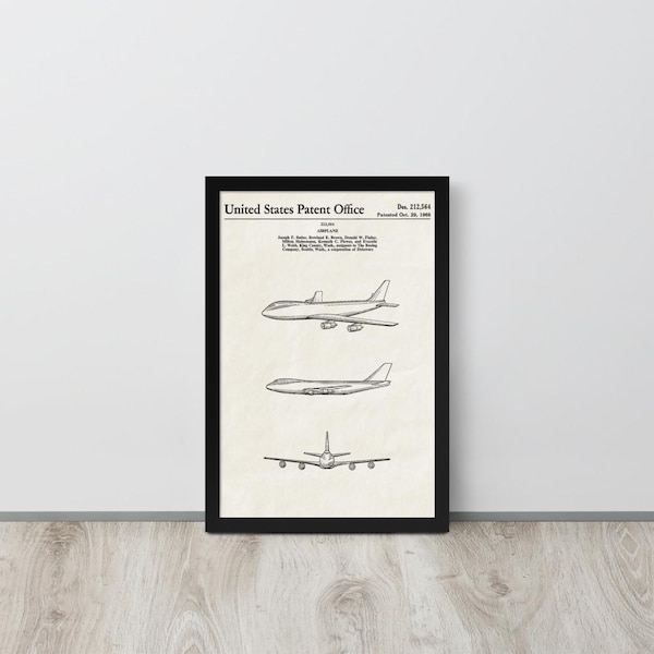 Avión 747 - Lámina de patente vintage de 1968 (Envío gratis) Varios tamaños + Enmarcada / Regalo para pilotos, Decoración de pared de aviación
