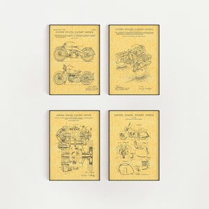 May include: Set of four vintage motorcycle patent drawings. Each drawing is in black and white on a yellowed paper background. The drawings depict different aspects of motorcycle design, including the engine, frame, and wheels. The text "UNITED STATES PATENT OFFICE" appears at the top of each drawing.