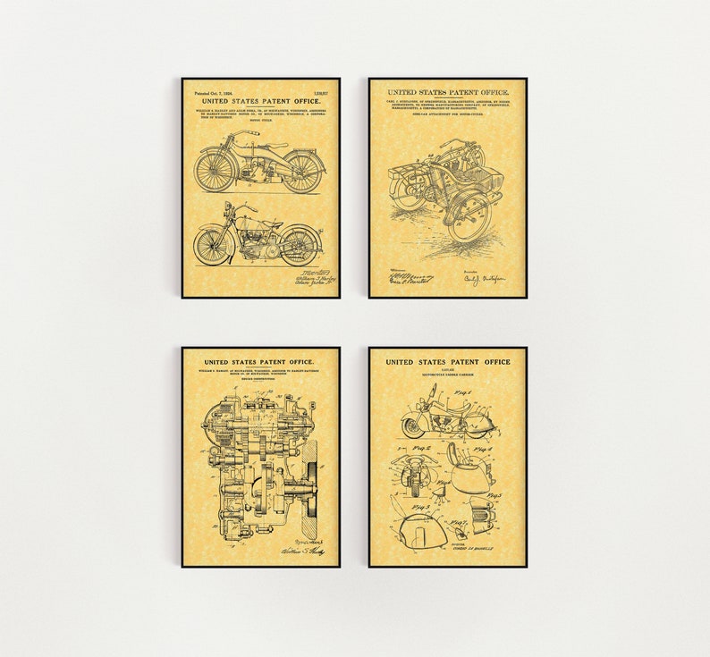 May include: Set of four vintage motorcycle patent drawings. Each drawing is in black and white on a yellowed paper background. The drawings depict different aspects of motorcycle design, including the engine, frame, and wheels. The text "UNITED STATES PATENT OFFICE" appears at the top of each drawing.