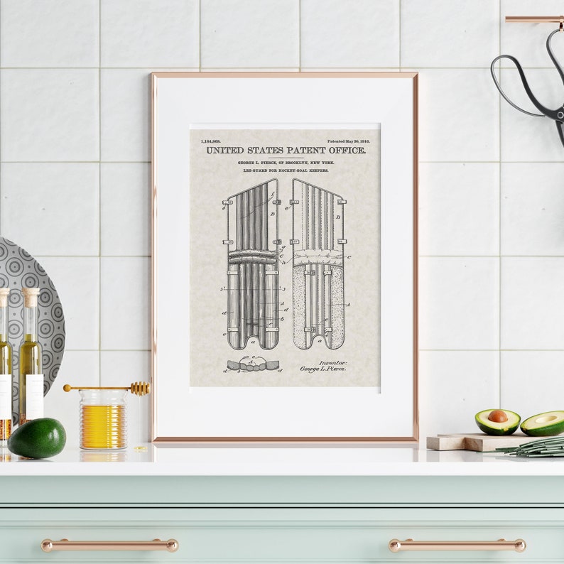 May include: A vintage patent drawing for a hockey goal keeper's leg guard. The drawing shows a detailed illustration of the leg guard, with the text "UNITED STATES PATENT OFFICE" and "GEORGE L. PIERCE, OF BROOKLYN, NEW YORK, LEG-GUARD FOR HOCKEY GOAL KEEPERS" at the top.