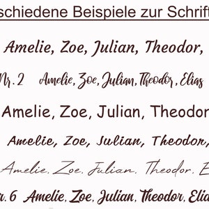 May include: Six examples of different handwriting styles for the names Amelie, Zoe, Julian, Theodor, and Elias. The names are written in a cursive script with variations in the letterforms and spacing.