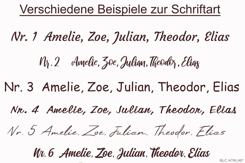 May include: Six examples of different handwriting styles for the names Amelie, Zoe, Julian, Theodor, and Elias. The names are written in a cursive script with variations in the letterforms and spacing.