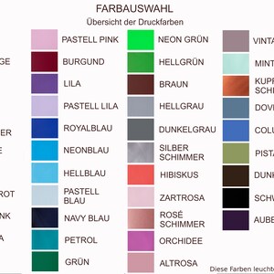 May include: A color chart with 36 different colors, including white, black, red, green, blue, and yellow. The chart is labeled "Farbauswahl" and "&Uuml;bersicht der Druckfarben".
