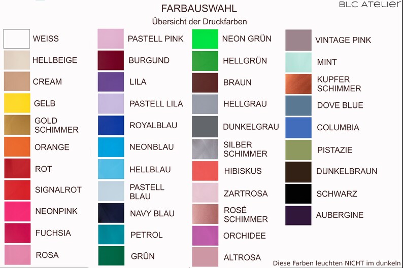 May include: A color chart with 36 different colors, including white, black, red, green, blue, and yellow. The chart is labeled "Farbauswahl" and "&Uuml;bersicht der Druckfarben".
