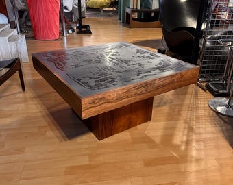 Brutalist etched aluminum and wood table by Bernhard Rohne. 1970's