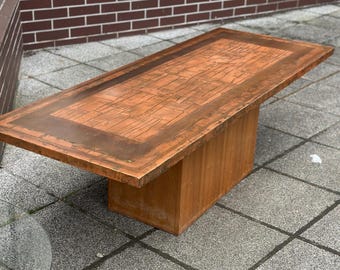 Brutalist etched Cooper and wood table by Bernhard Rohne. 1970's