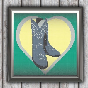 May include: A pair of blue cowboy boots with white stitching and a heart-shaped design in the background. The heart is outlined in gray and filled with a yellow color.