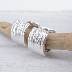 Op de afbeelding: Een paar zilveren creolen met een getextureerd, golvend ontwerp. De oorbellen zijn gemaakt van sterling zilver en hebben een gepolijste afwerking.