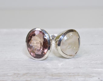 statement ring brown smoky quartz and a free-form freshwater pearl sterling silver ring large ring size 8.5 brown gemstone ring open ring