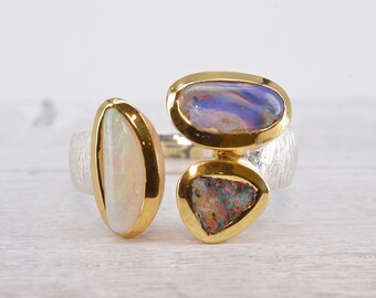 Opal Ring Gr. 60  925 Silber z.Teil goldplattiert