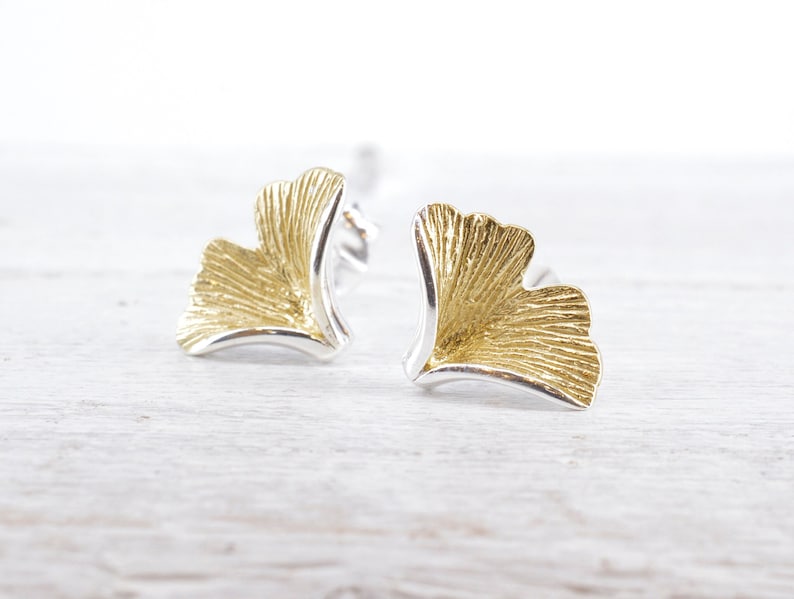 Örhängen med ginkgoblad, 925 sterlingsilver, förgyllda bild 1