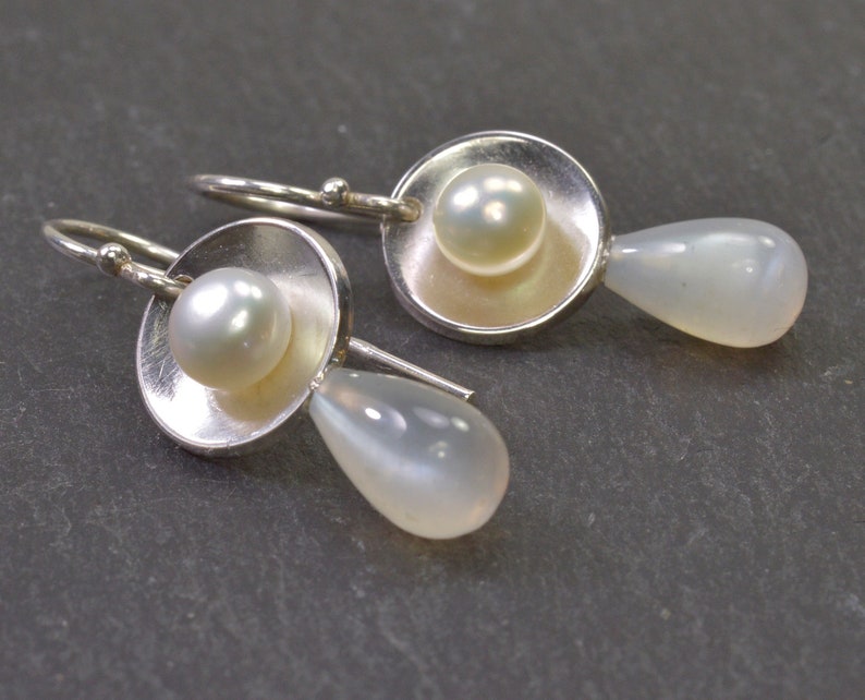 Moonstone pearl earrings sterling silver image 2