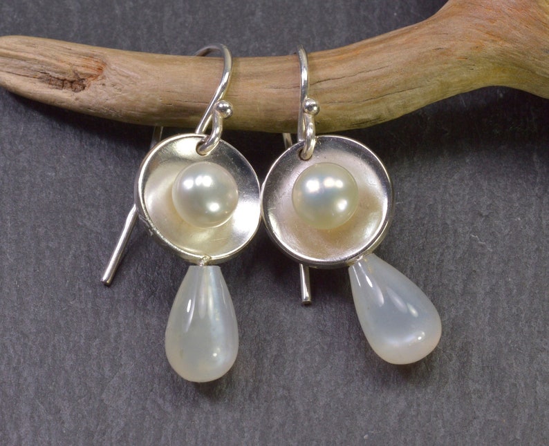 Moonstone pearl earrings sterling silver image 1