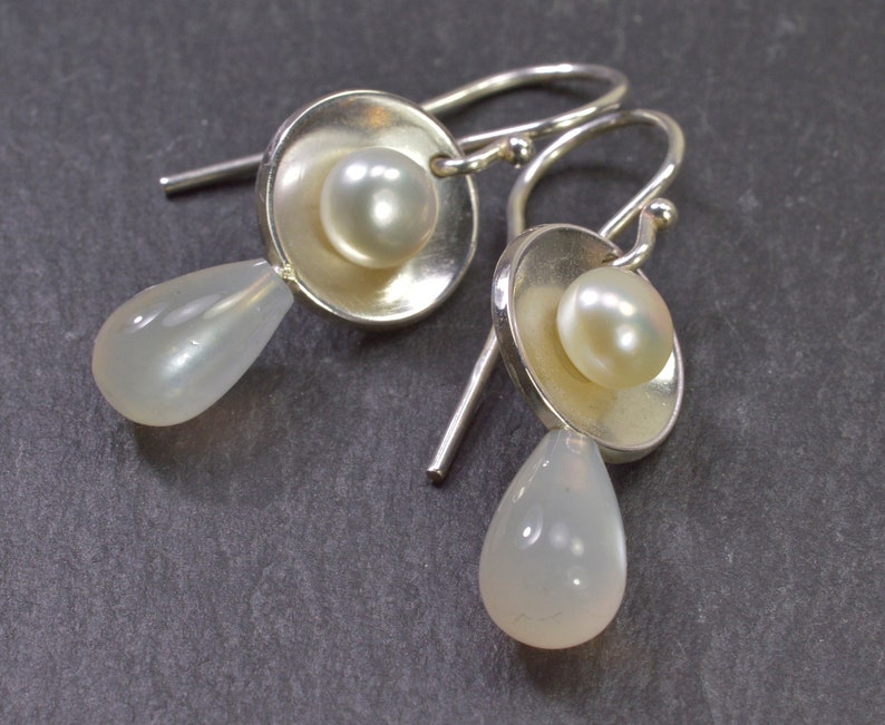 Moonstone pearl earrings sterling silver image 3