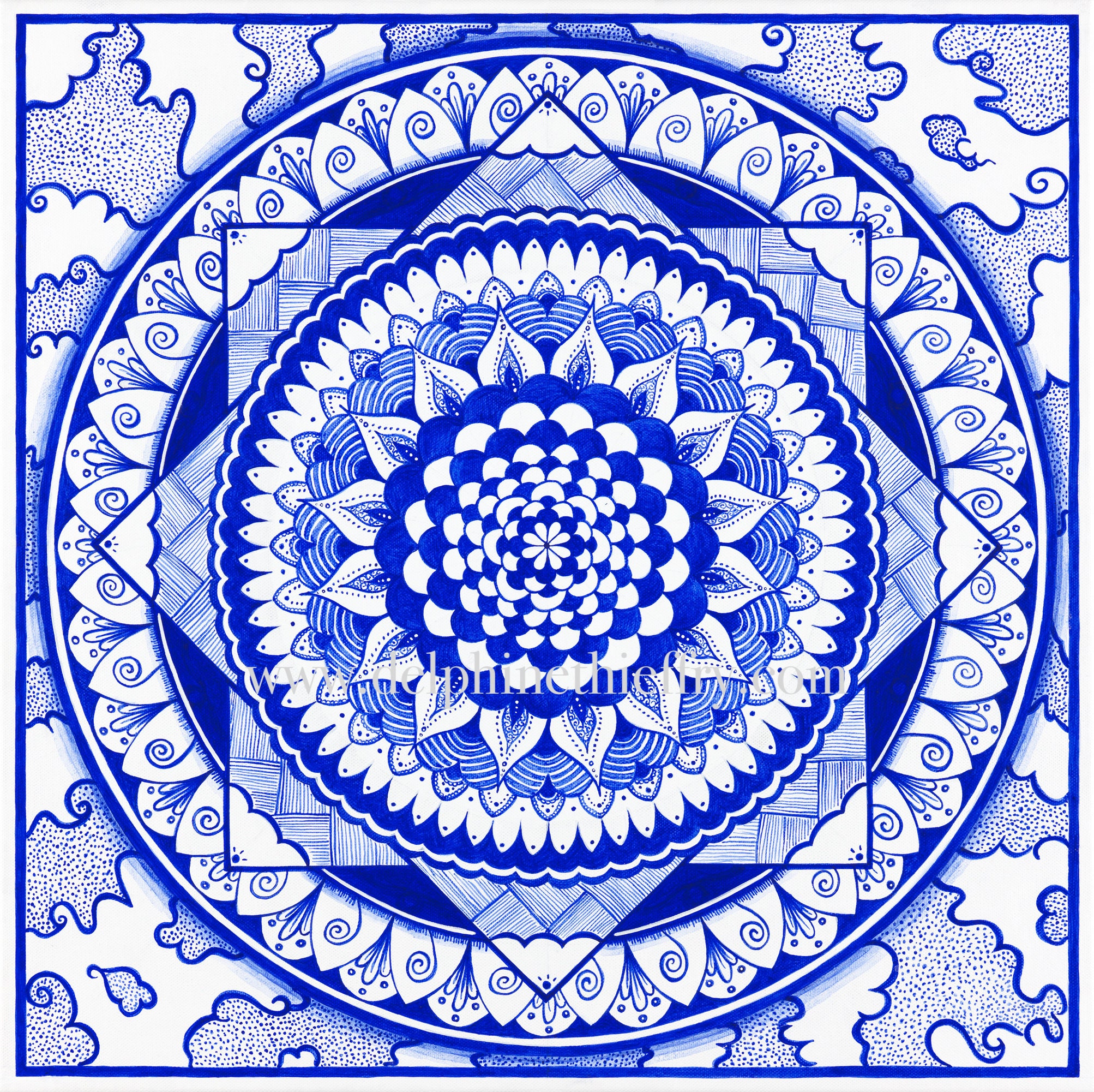 Descente Dans La Sphère - Mandala Bleu et Blanc Peinture Acrylique sur Toile de Coton Tableau Origin