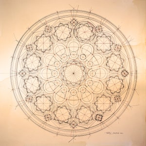 Art print sketch of the west rose window of Chartres Cathedral - traditional drawing with compass and ruler - golden ratio - geometric drawing of the stained glass window