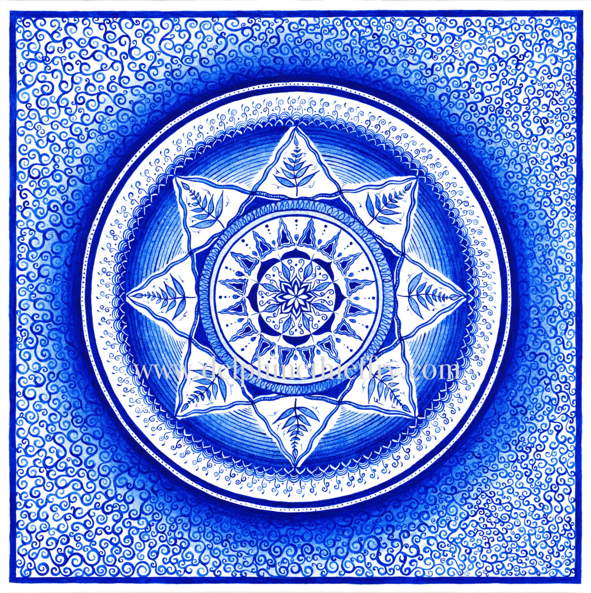 Le Point d'origine - Mandala Bleu et Blanc Peinture Acrylique sur Toile de Coton Tableau Originale, 