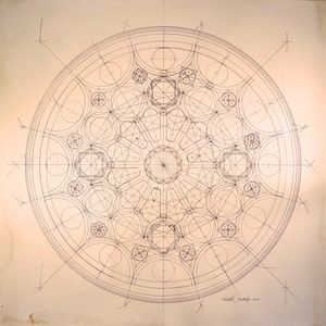 Art print sketch of the south rose window of Chartres Cathedral - traditional drawing with compass and ruler - golden ratio - geometric drawing of the stained glass window