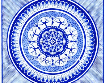 Ma'Terre - blue and white mandala - acrylic painting on cotton canvas - original painting, unique piece - trees of life